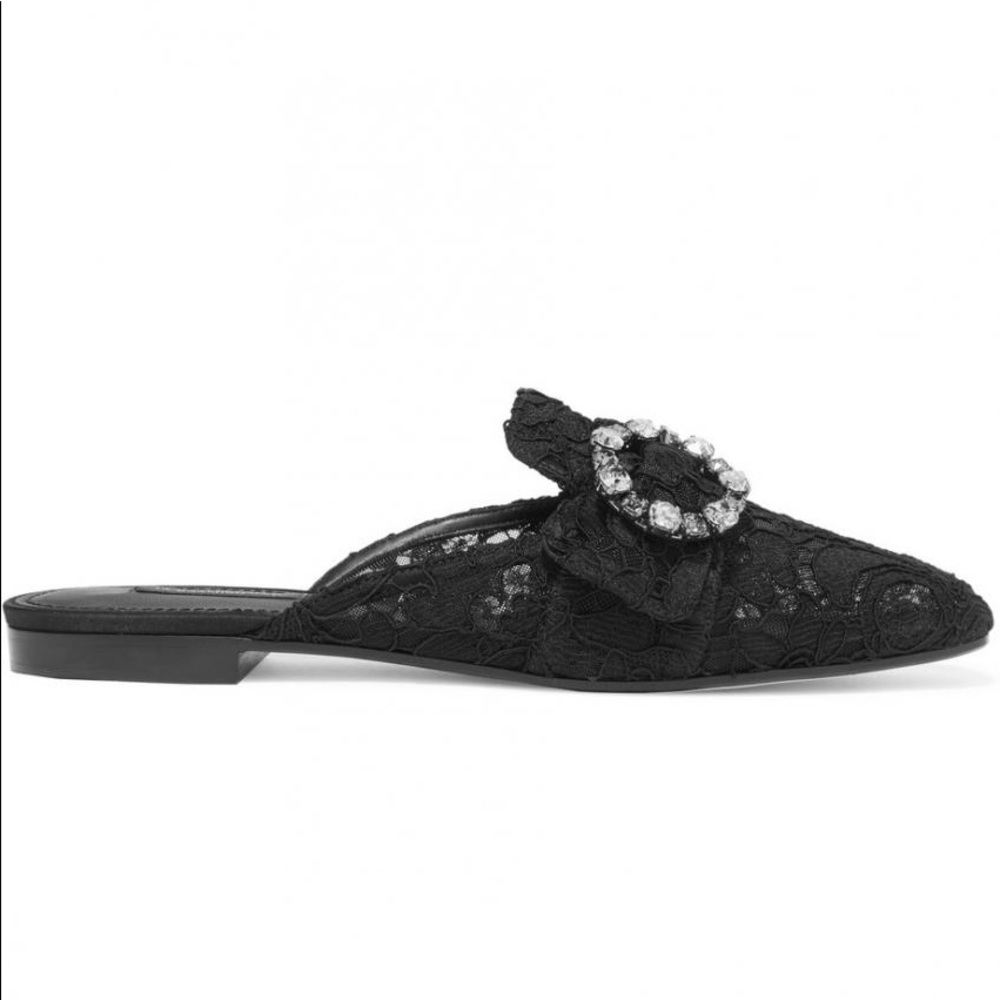 Dolce & Gabbana Black Lace Jeweled Buckle Slip-On Mules - Picture 6 of 8